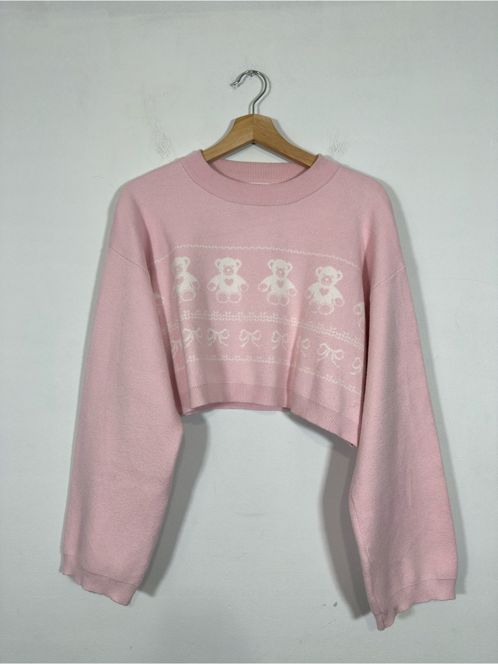 Forever 21 Cropped Sweater Teddy Bear Size M Pink Coquette Kawaii Cute Pastel